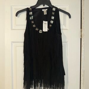 NWT Vintage Y2K Cache Sz S Black Fringed Jewel Embellished Sleeveless Tank Top